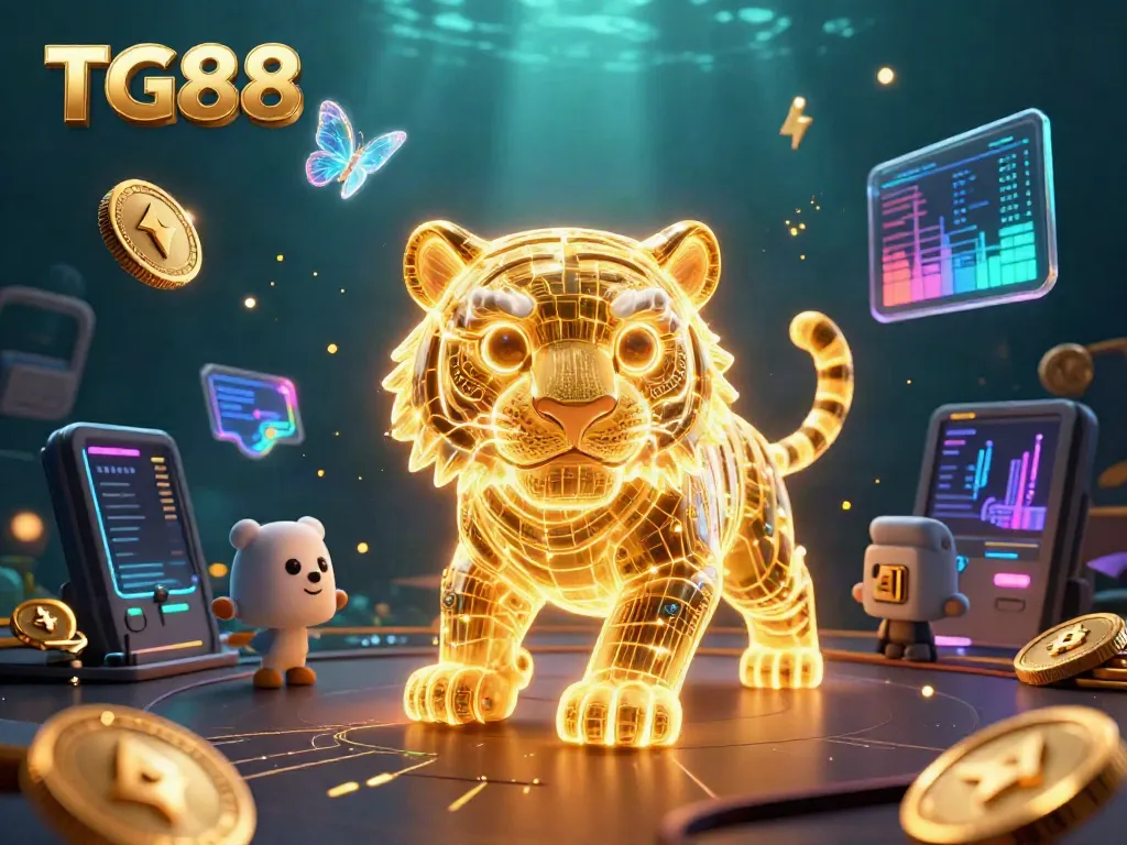 Engage in gaming excitement at TG88's vibrant digital casino with neon tiger and blockchain elements.