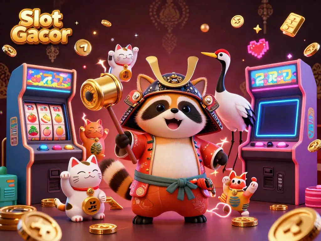 Engage with Slot Gacor's vibrant gaming scene featuring a cheerful tanuki and lucky symbols.