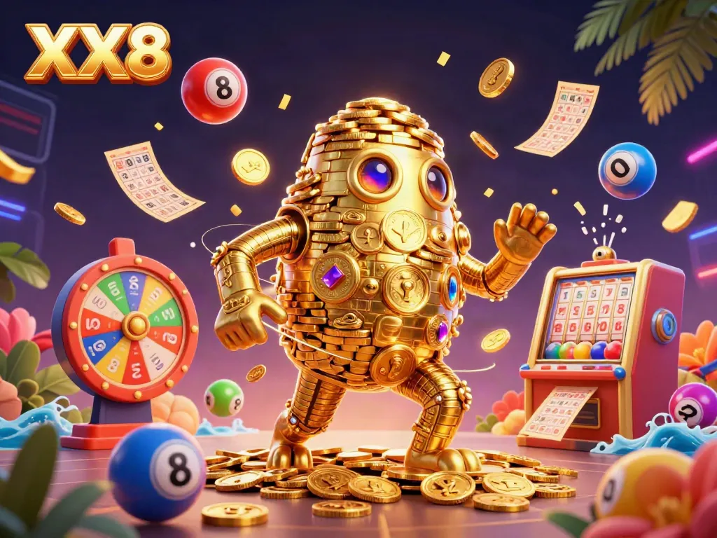Experience thrilling action at XX8 with dynamic lottery elements surrounding a golden golem.
