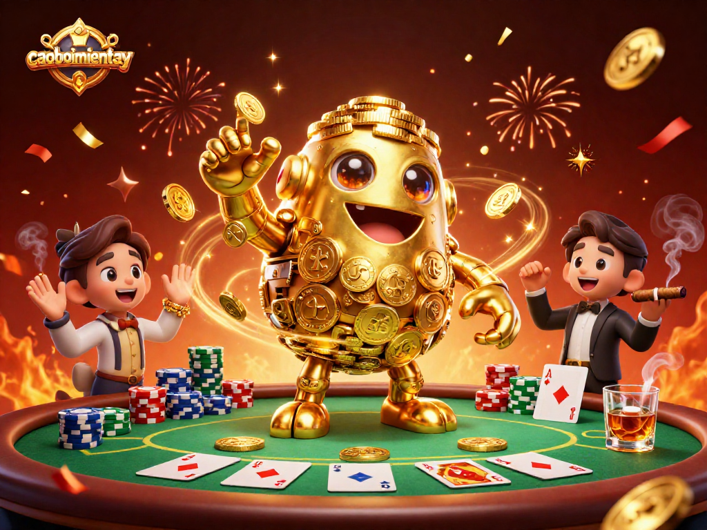 Experience thrilling action in caoboimientay with an illustrated golden golem and vibrant casino elements.
