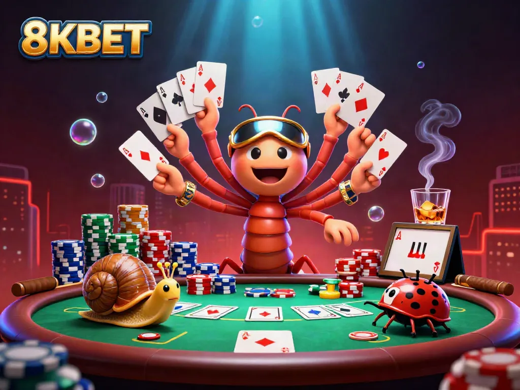 Experience the excitement of 8KBET casino with colorful poker elements and vibrant characters.