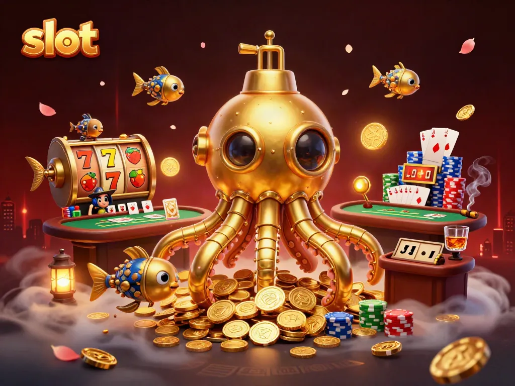 Experience thrilling slot action with mechanical fish and a kraken submarine amidst golden coins.