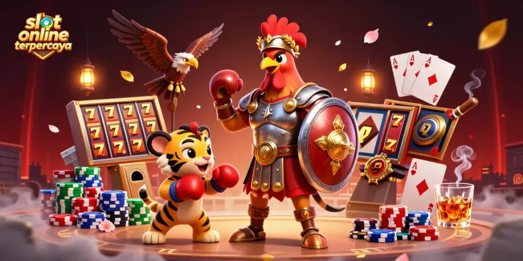 Spin to win with slot online terpercaya! Enjoy a 3D scene with engaging slot elements and lively characters.
