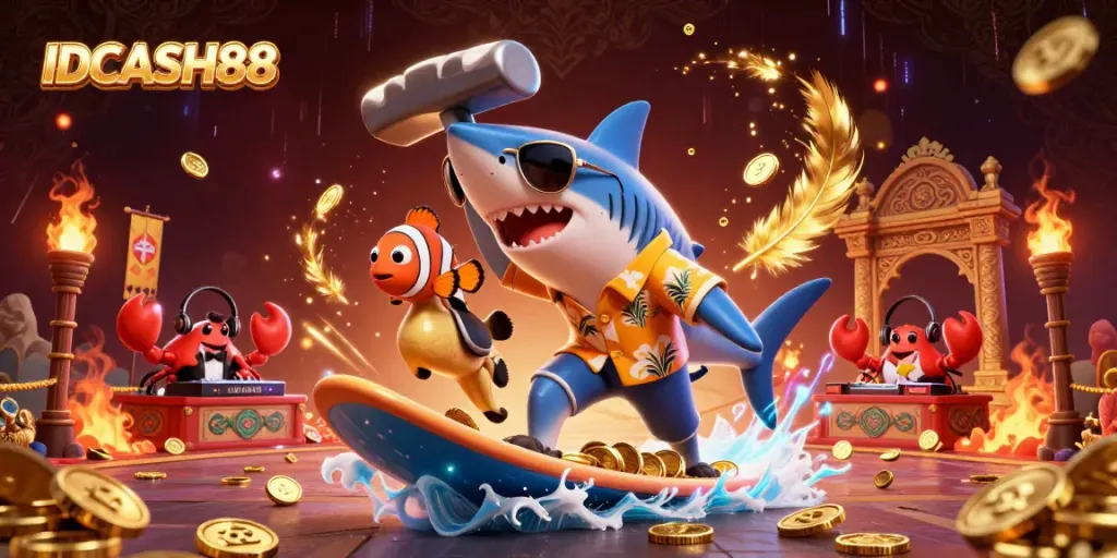 Engage in play at IDCASH88, featuring a vibrant 3D scene of underwater themed characters amidst casino elements.