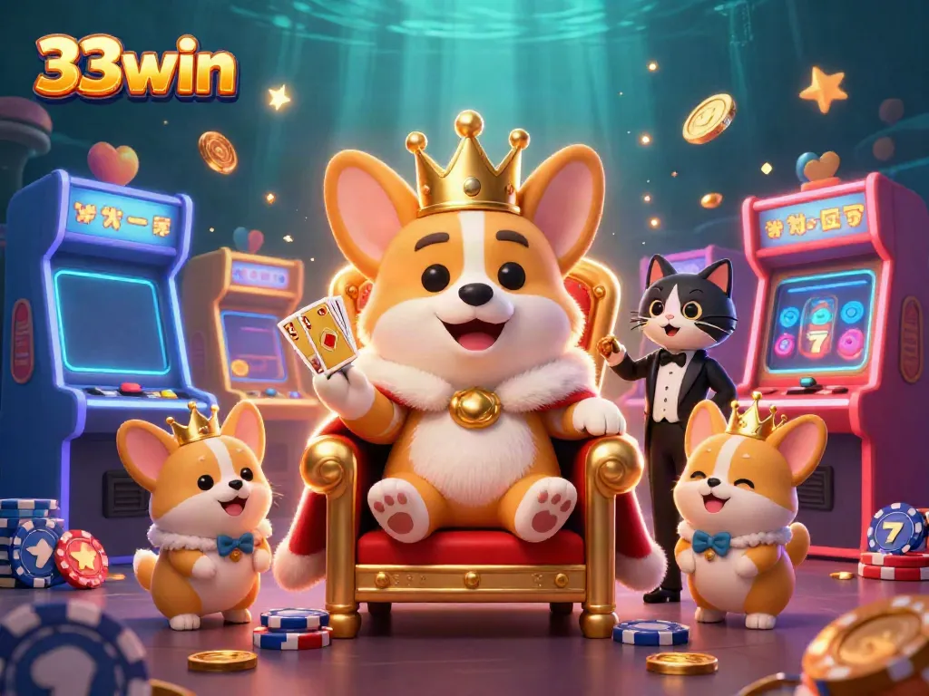 Join the excitement at 33win with a royal corgi on a poker chip throne amidst vibrant gaming elements.