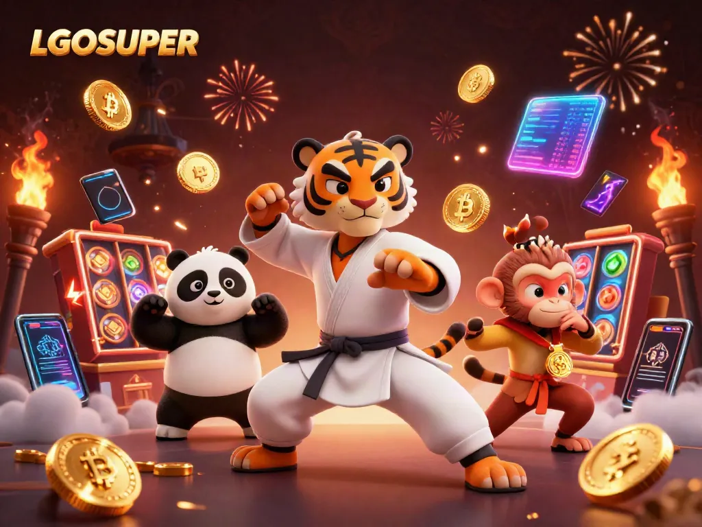 Engage with the thrilling LGOSUPER online casino world featuring joyful characters amidst neon coins and dynamic slot action.