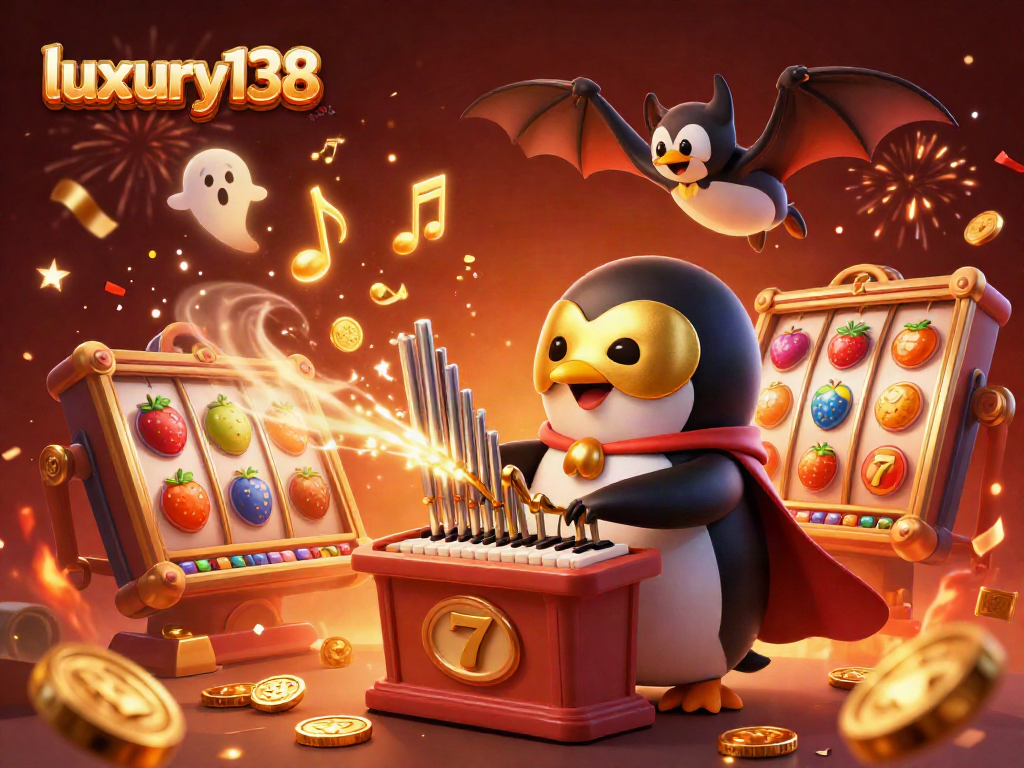 Merayakan keberuntungan di luxury138 dengan penguin orkestra dan mesin slot berkilau yang penuh warna.