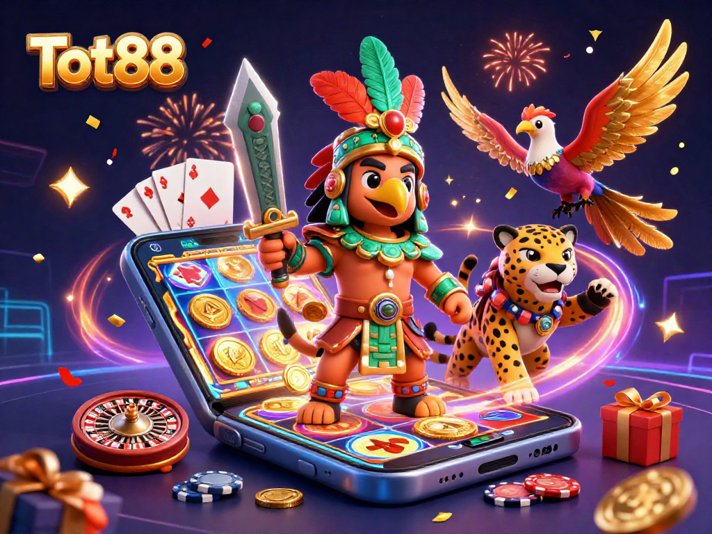 Engage with Tot88 in a vibrant casino scene featuring animated warriors and dynamic gaming elements.