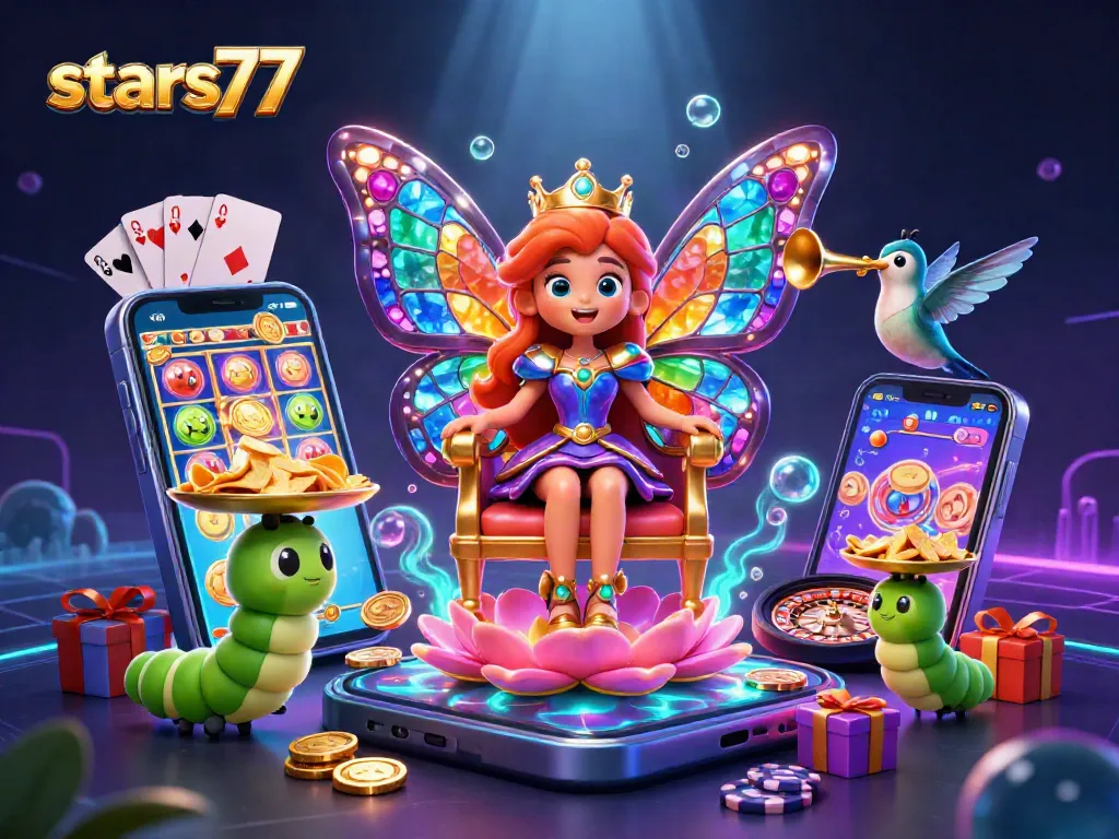 Mainkan permainan slot di stars77 dengan ilustrasi ratu kupu-kupu dan elemen kasino yang memukau.