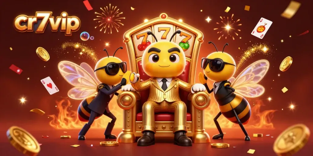 Slot online CR7VIP dengan kartun lebah, simbol keberuntungan, dan suasana meriah