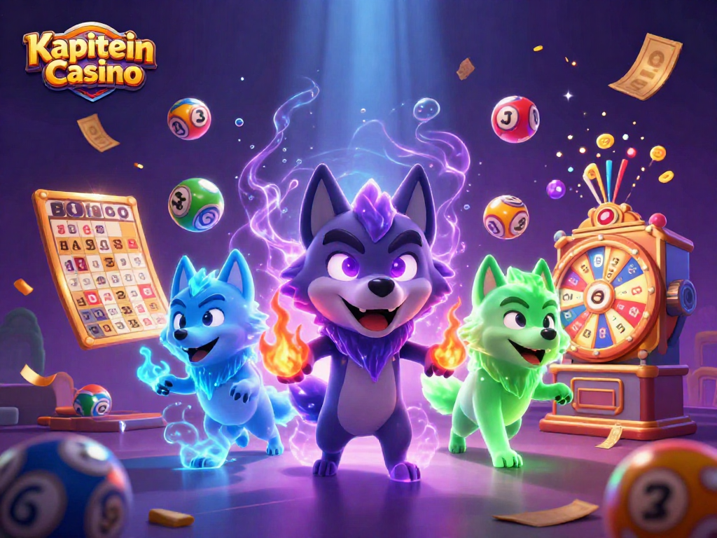 Kapitein Casino menampilkan pemimpin serigala bercahaya dengan bola lotere berwarna-warni.