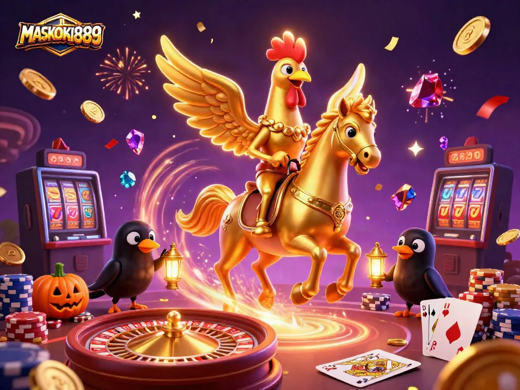 Experience thrilling wins at MASKOKI889 with this lively casino scene featuring dynamic characters and game elements.