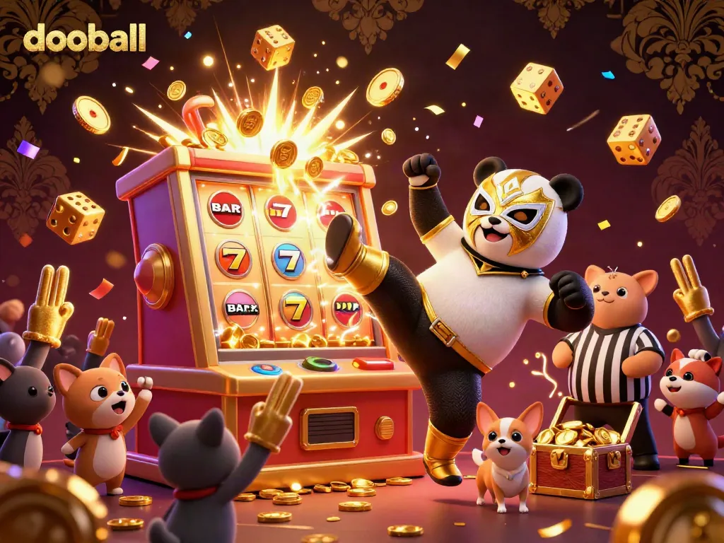 Experience the thrill of dooball betting with a vibrant 3D scene featuring a wrestler panda and stunning casino elements.