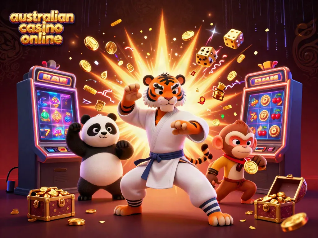 Experience thrilling gameplay at australian casino online with a dynamic cartoon scene featuring iconic casino elements.