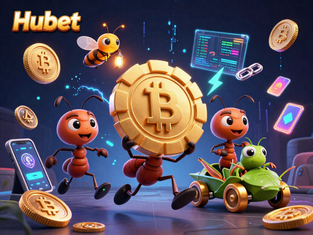Experience the thrill of Hubet with a dynamic 3D illustration of cartoon ants heisting a giant poker chip.