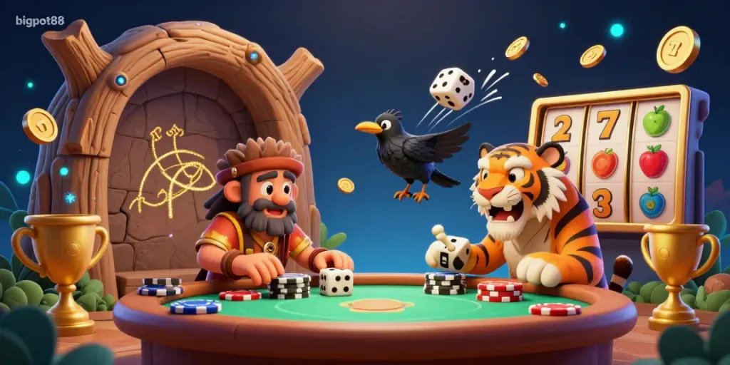 Experience bigpot88 in a lively prehistoric casino adventure, featuring dynamic 3D characters and vibrant casino elements.