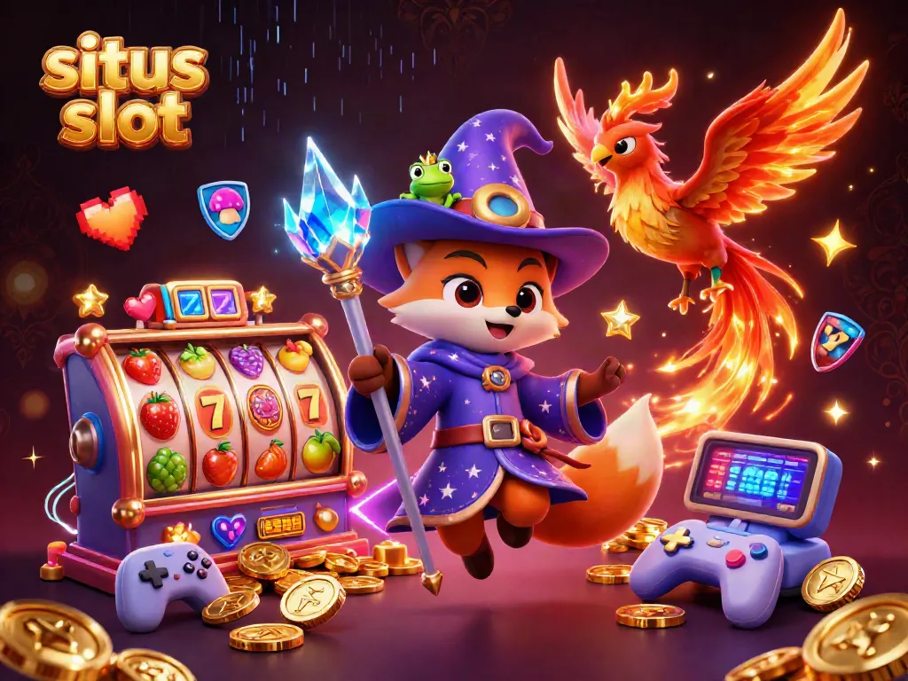 Menggandakan kesenangan pada situs slot dengan mesin slot berputar, lingkungan yang cerah dan karakter sihir.