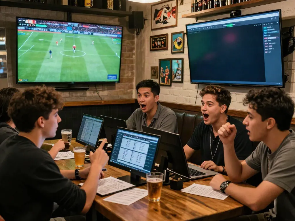 Friends discussing live soccer matches and betting odds at WWBOLA's vibrant sports bar.