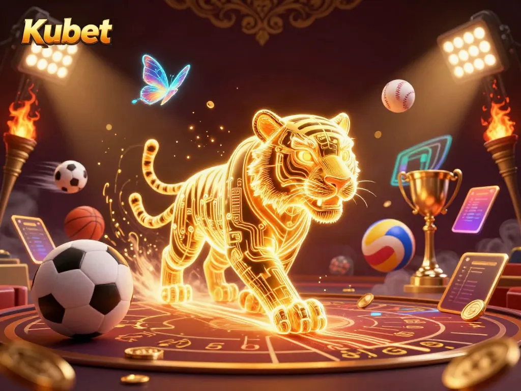Kubet features a stunning digital casino landscape with a neon golden tiger and sports elements.