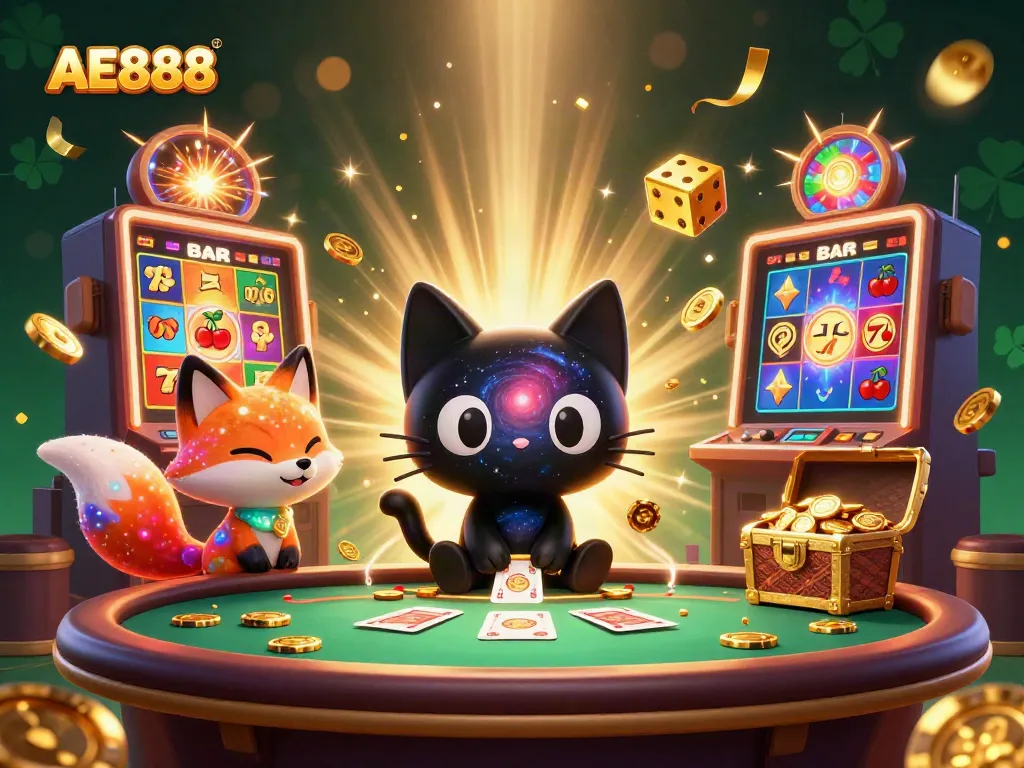 Experience thrilling gameplay with AE888 at a cosmic casino, featuring whimsical characters and vibrant elements.