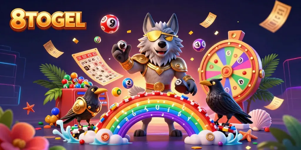 Engage in thrilling 8TOGEL gaming with vibrant lottery elements and mythical characters in 3D.