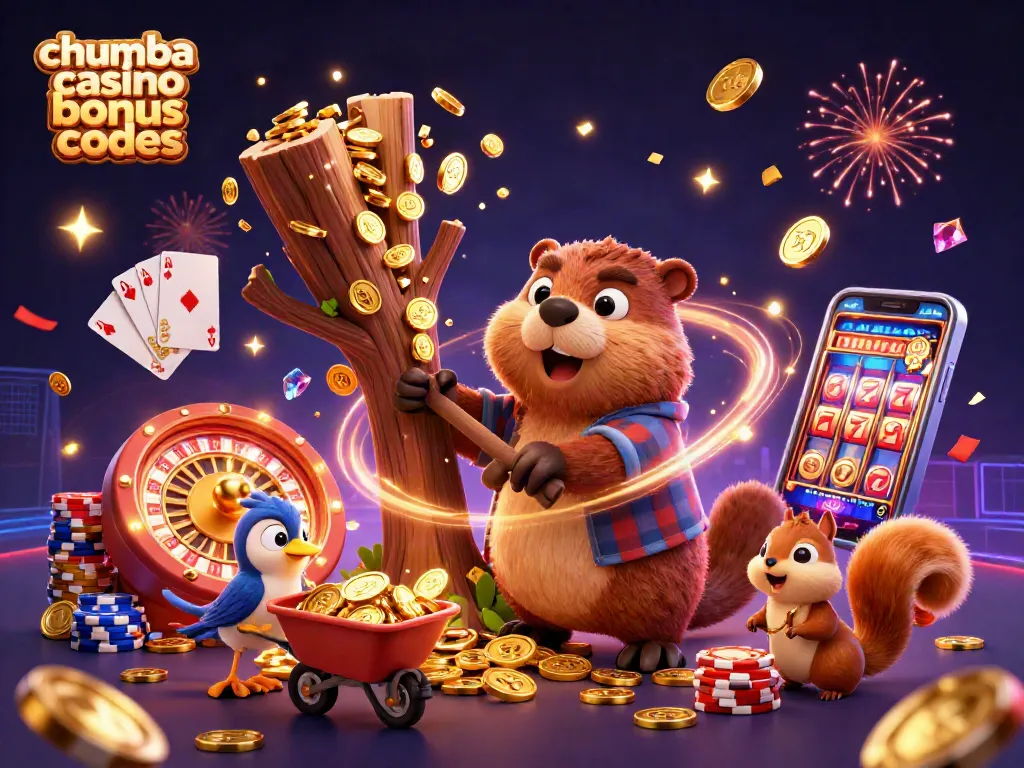 Chumba casino bonus codes illustrated by a playful scene of characters collecting coins and playing games together.