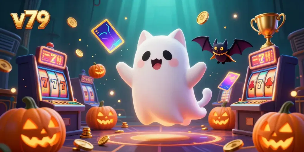 Join the vibrant v79 ghost cat in a haunted casino, surrounded by jackpots and festive elements.