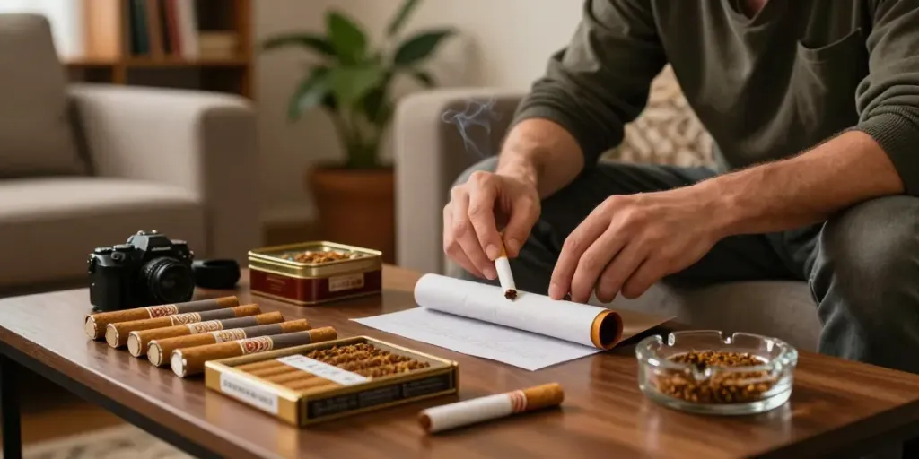Enjoying cheap cigarettes online Australia in a cozy living room with premium loose tobacco blends.