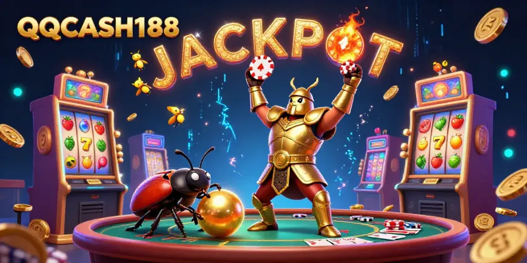 Experience excitement with QQCASH188 as a heroic beetle lifts a poker chip in a vibrant casino scene.