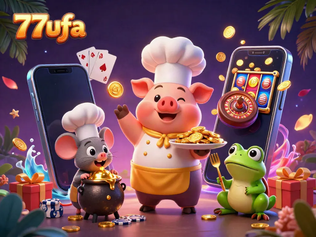 77ufa showcases a vibrant 3D illustration of a chef pig serving gold coins, highlighting the excitement of online gambling.