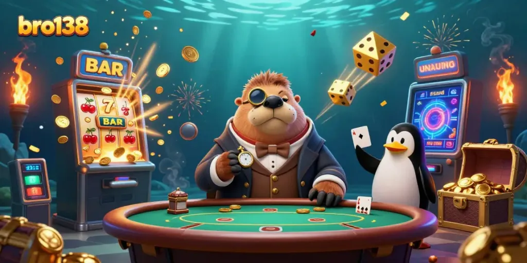 Experience thrilling gameplay with bro138's underwater casino illustration, featuring a walrus and friends.