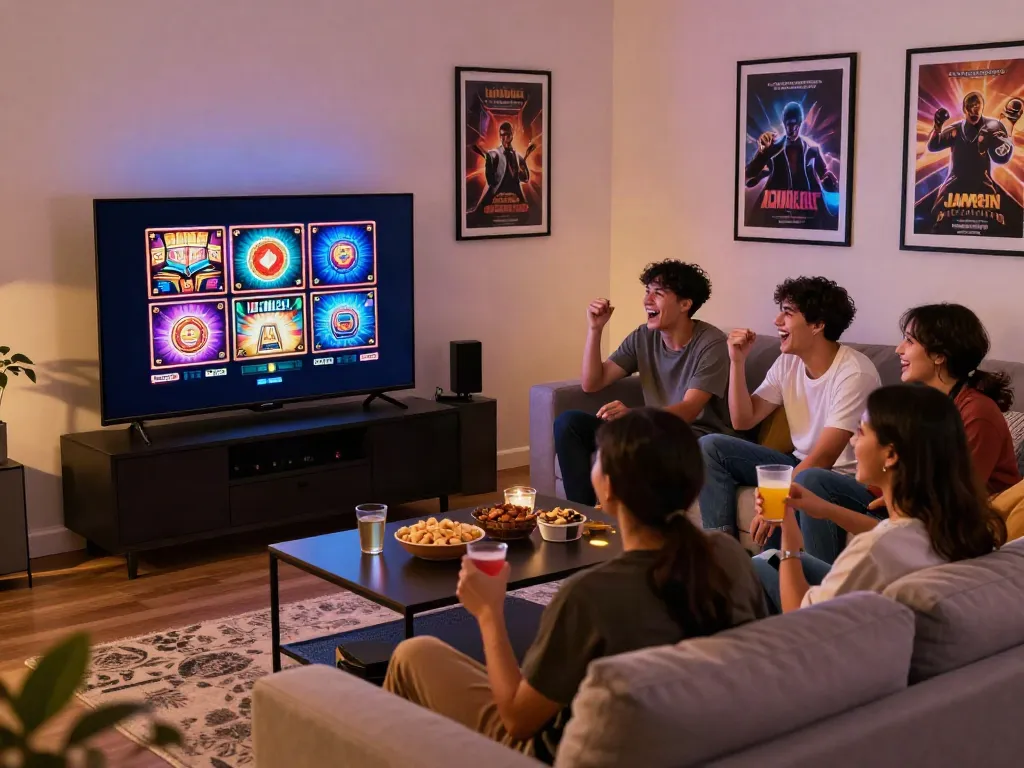 A vibrant living room gaming scene with friends enjoying akunjp online gambling and colorful slot graphics.