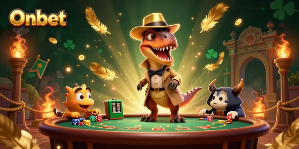 Engage with Onbet's thrilling blackjack scene featuring a velociraptor card counter and stegosaurus pit boss.