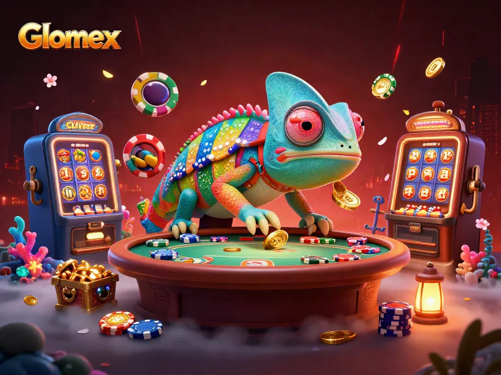 Win big with Glomex at the dynamic casino scene featuring vibrant poker tables and exciting slot machines.
