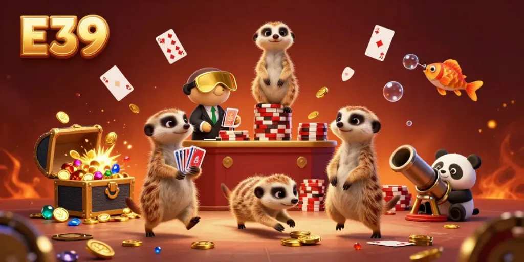 Experience thrilling gaming with E39 as meerkats manage a vibrant casino, surrounded by treasures.