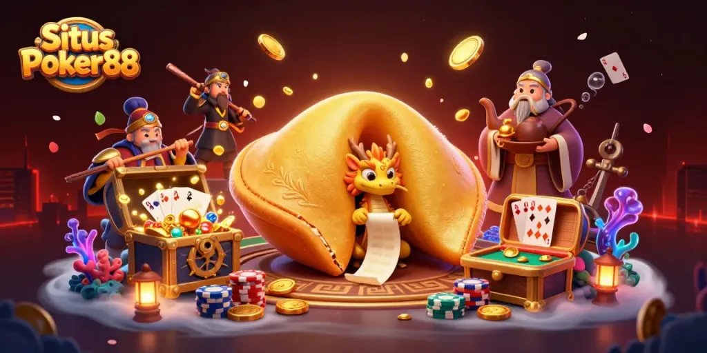 Situs Poker88 offers thrilling online gaming with engaging poker table elements in an enchanting digital illustration.