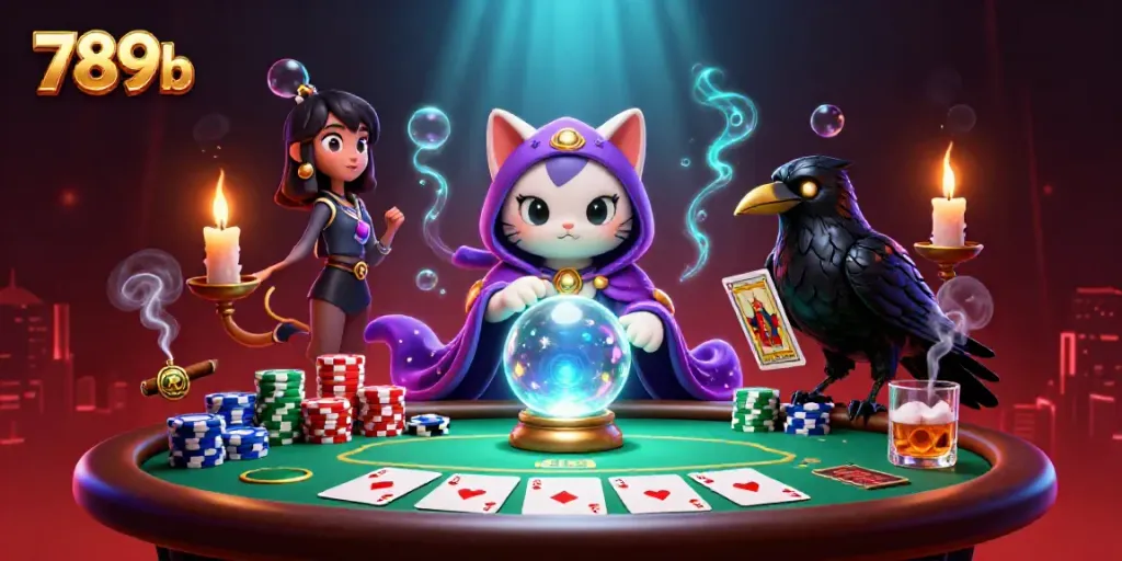 Engage in thrilling poker action at 789b with a mystical cat and raven. Enjoy vibrant casino gameplay!