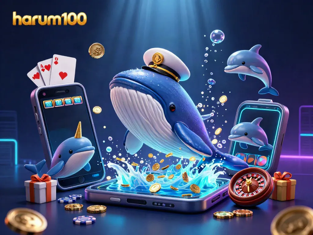 Permainan slot gacor Harum100 dengan paus 3D raksasa dikelilingi koin dan simbol slot.