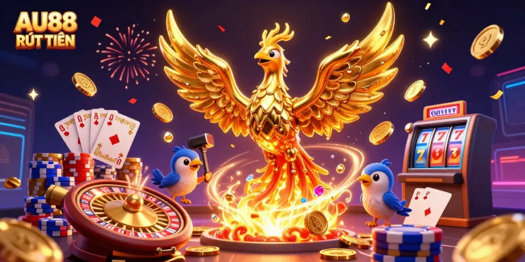 Experience the thrill of AU88 RÚT TIỀN with a stunning golden phoenix surrounded by casino elements.