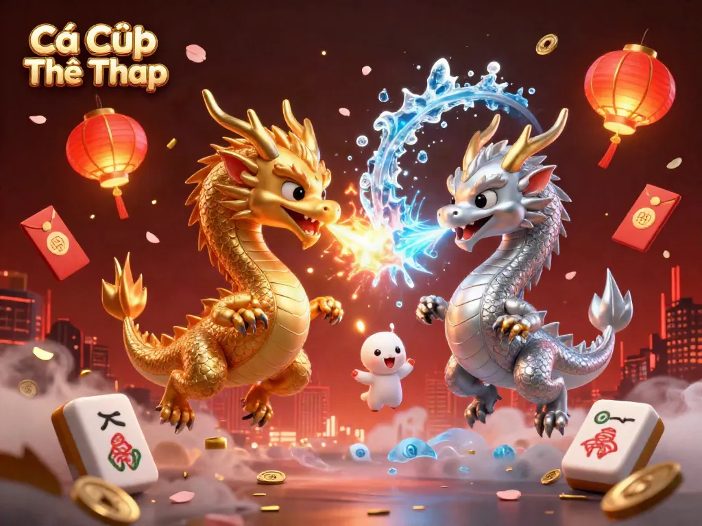 Cá Cược Thể Thao showcases twin golden and silver dragons amid floating gambling elements and a vibrant night city.