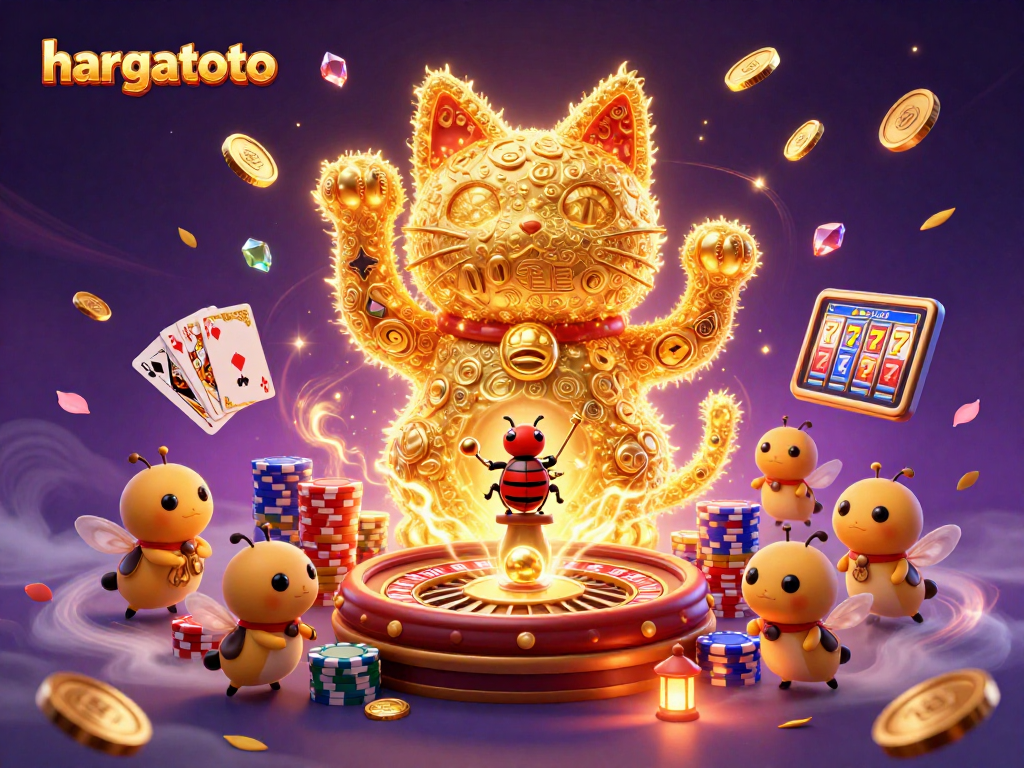 Experience the excitement of hargatoto with vibrant slots and bustling casino symbols in this dynamic 3D illustration.