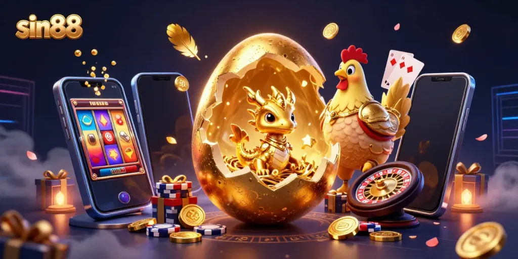 Experience thrilling games at sin88 with a golden dragon and poker chips surrounded by vibrant casino elements.