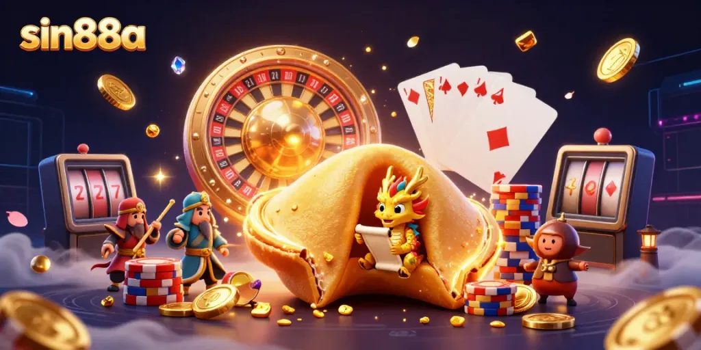 Win big at sin88a with a dynamic 3D collage of casino elements, featuring fortune cookies, dragons, and action-packed games.