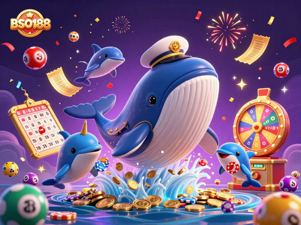 Engage with BSO188's vibrant gaming world featuring a majestic whale and festive casino elements.