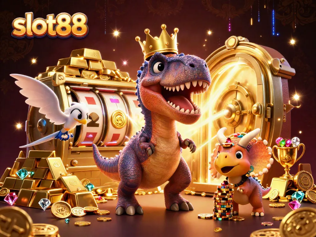 Menyempatkan slot88 dengan T-Rex ramah sambil menggenggam gulungan slot dan chip emas, memberikan suasana kasino yang ceria.