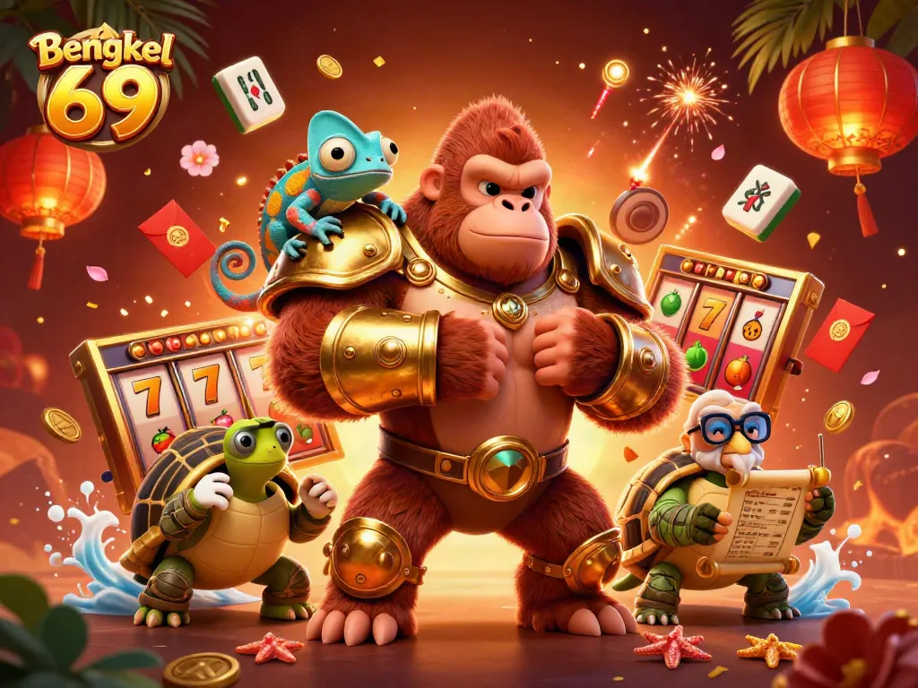 Bengkel 69 gaming scene with a gorilla king, colorful characters, and slot elements surrounded by vibrant decorations.