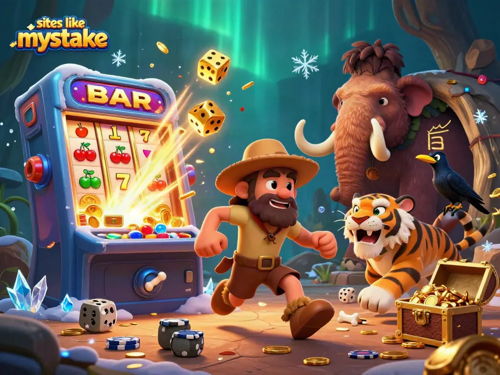 Win jackpots at sites like mystake with this immersive casino scene featuring unique prehistoric characters.