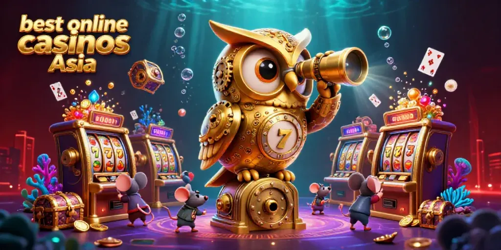 Immerse yourself in the best online casinos Asia with a vibrant, cartoon-style casino scene featuring a golden owl and lively mice.
