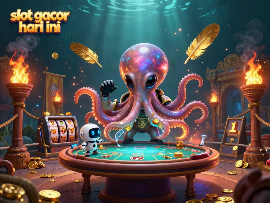 Engage with slot gacor hari ini, a vibrant illustration showing an alien octopus and robot playing on a holographic poker table.