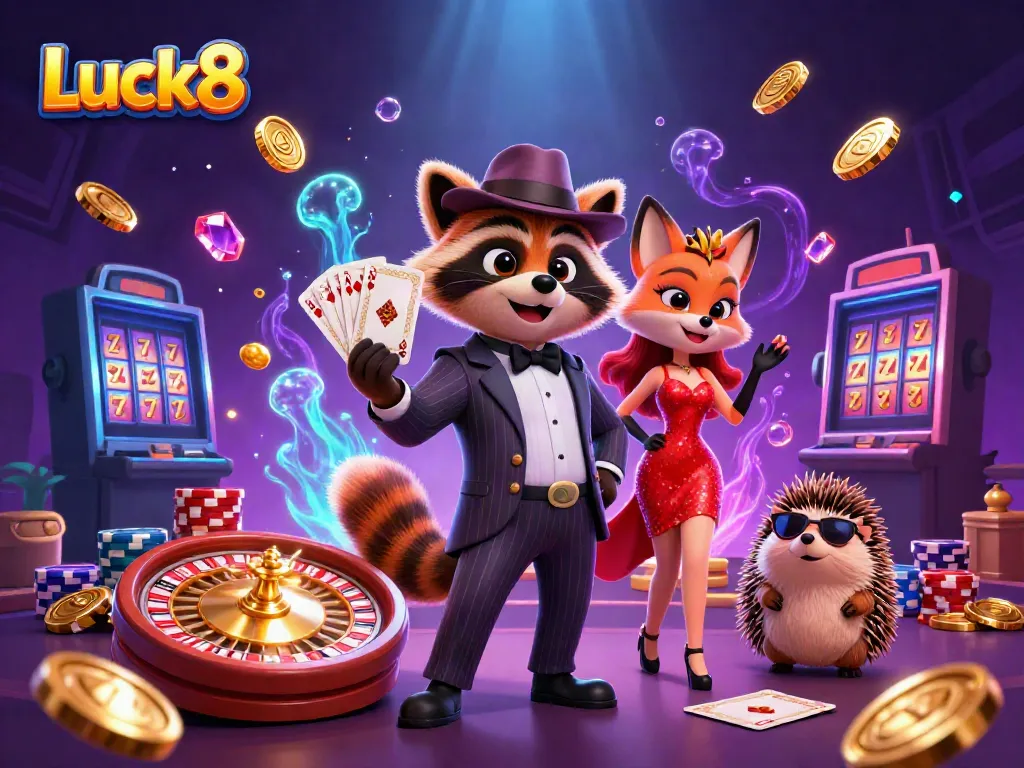 Experience the thrilling world of Luck8 with a raccoon, fox, and hedgehog amidst a vibrant casino atmosphere.